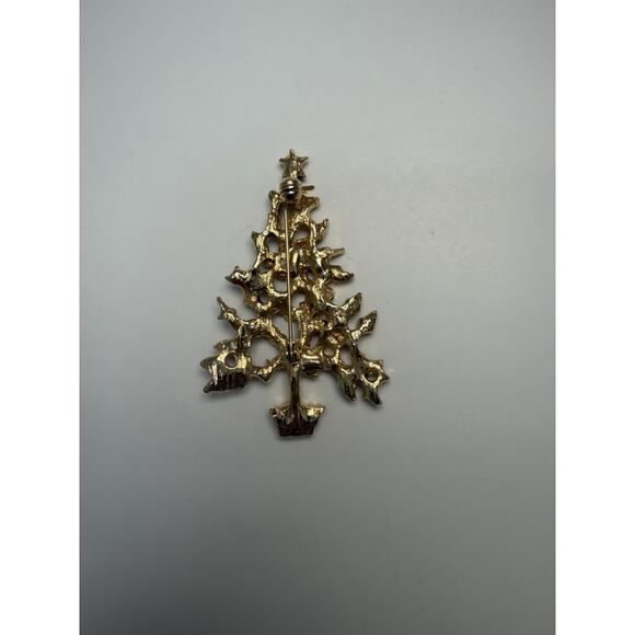 Holiday Christmas Tree Brooch Pin Gold Tone with Rhinestones - Picture 4 of 6